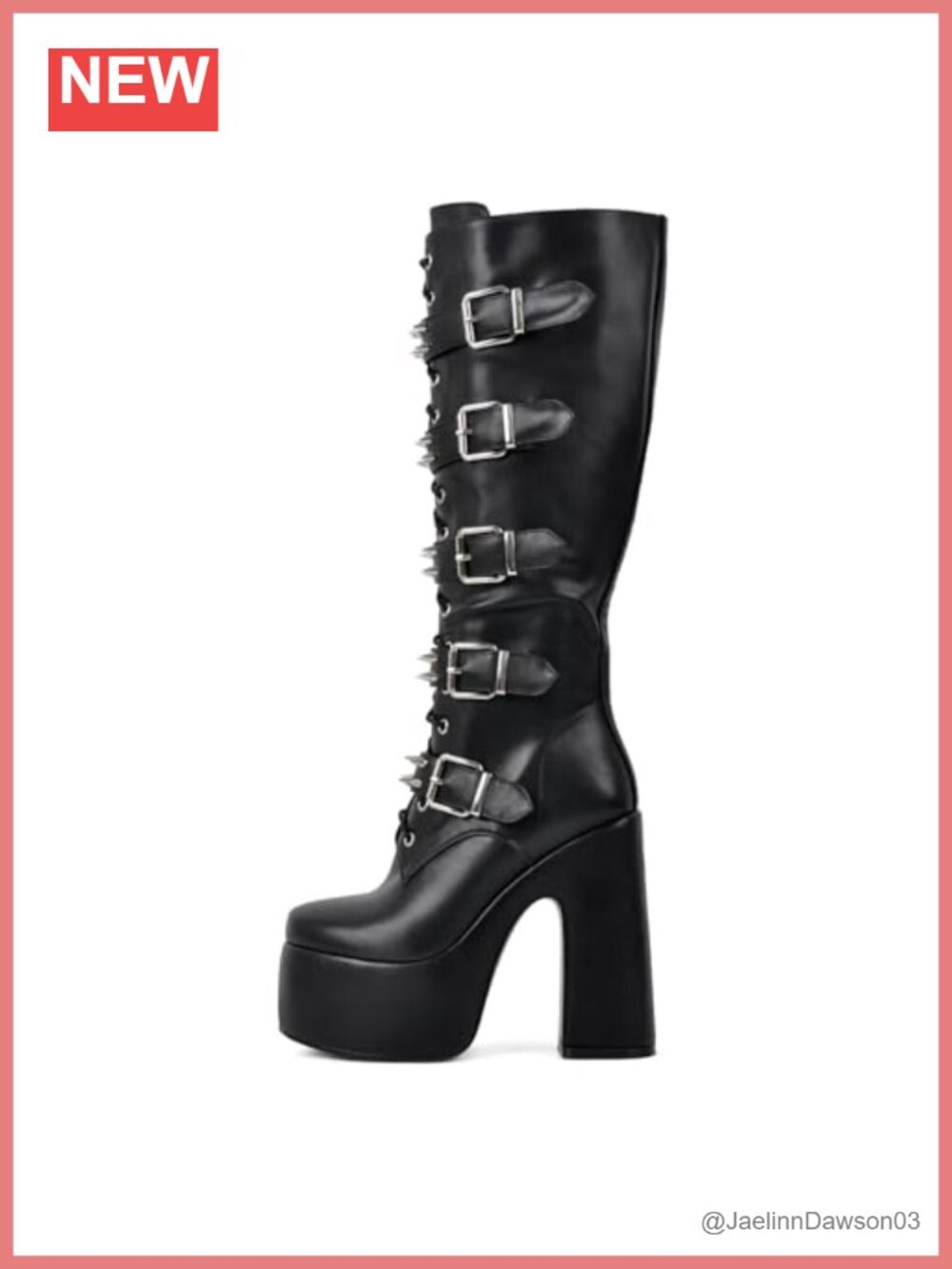 Knee-High Combat Boots Chunky Platform Heel Silver Buckles Studs Lace-Up PU